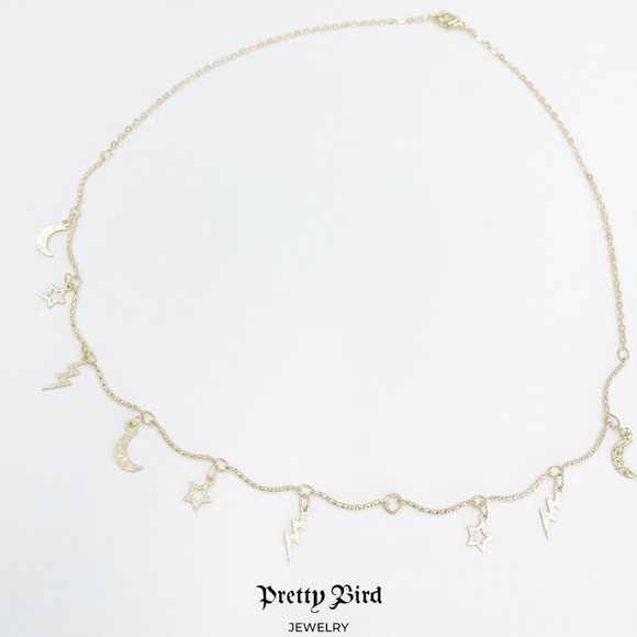 18K Yellow Gold Plated Hammered Celestial Charm Choker Necklace - 18" - Picture 2 of 4